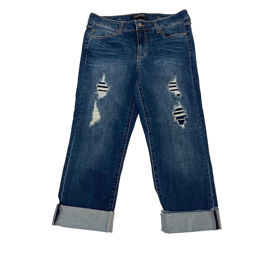 Liverpool The Capri Distressed Cuffed Dark Wash Denim Blue Jeans Womens 8/29